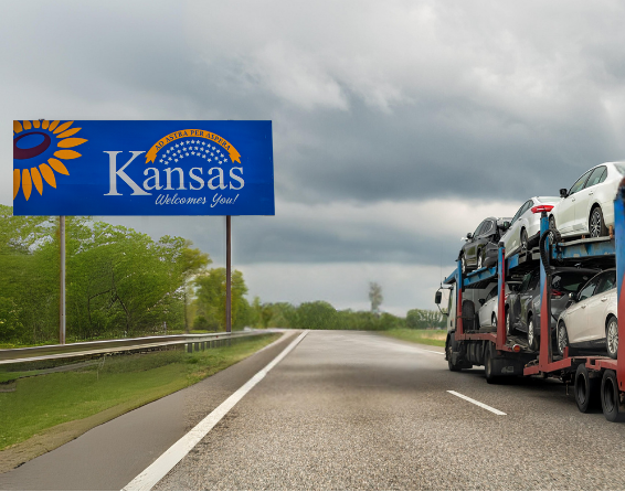 An auto transport carrier shipping cars to Kansas across the state line in KCMO. This Image was created with AI by the Direct Connect Transport team.