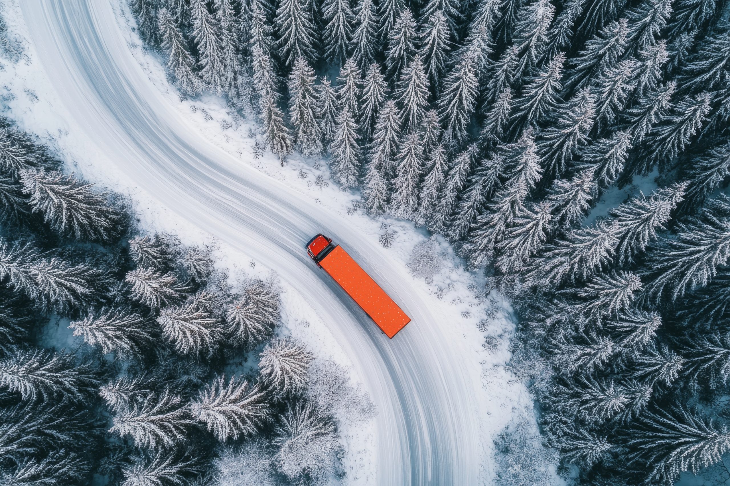 An Orange Cargo Truck Maneuvering on a Snow-Covered Winding Road with Snow & Ice for its corporate car shipping transport load
