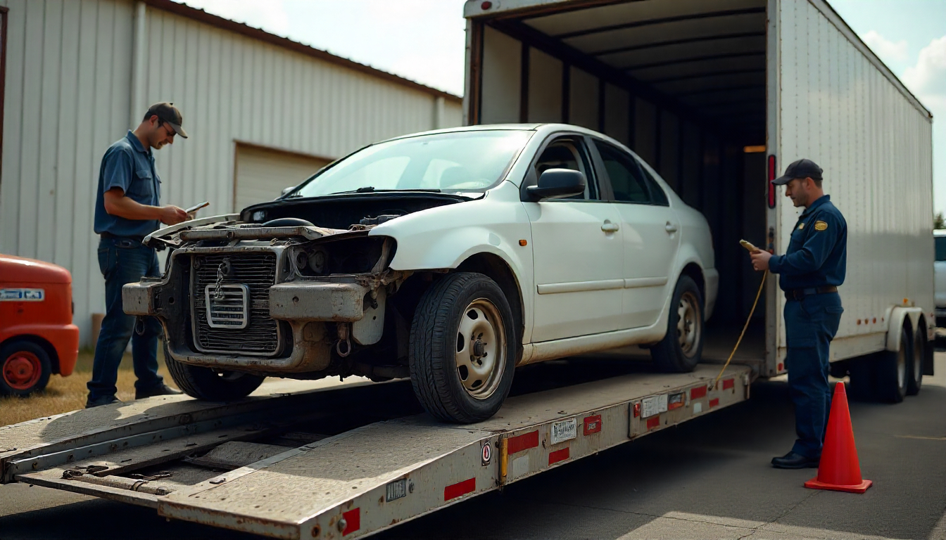 Non-running car being loaded onto an auto transport trailer with a winch, showing flat tires and open hood, while a carrier worker operates equipment in an auction or storage yard setting.