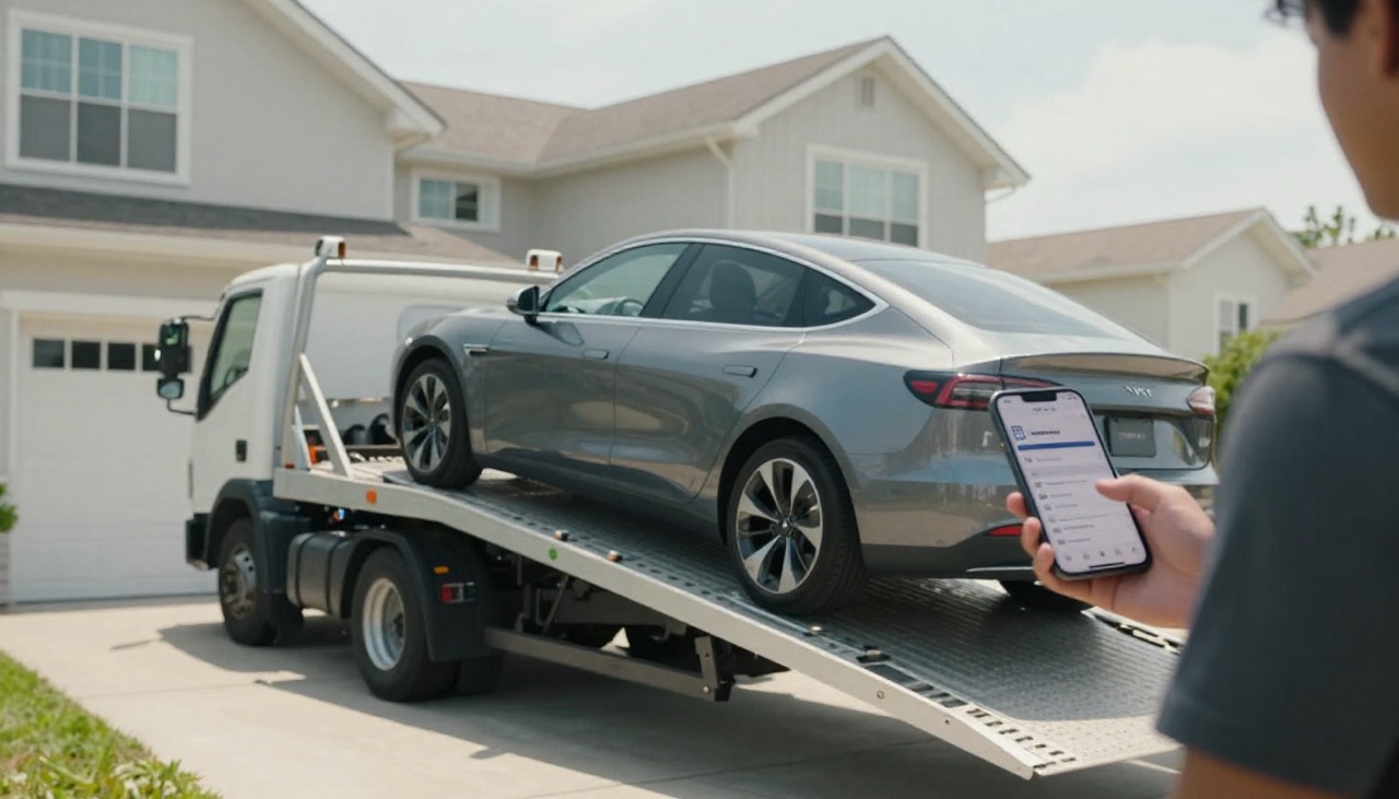 Car carrier delivering a purchased car to a suburban driveway, person holding smartphone nearby, modern house in background, bright daylight
