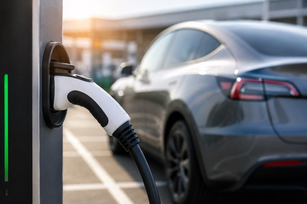 Close-up of an electric vehicle charging plug connected to a modern EV with the car softly blurred in the background at a charging station during sunset.