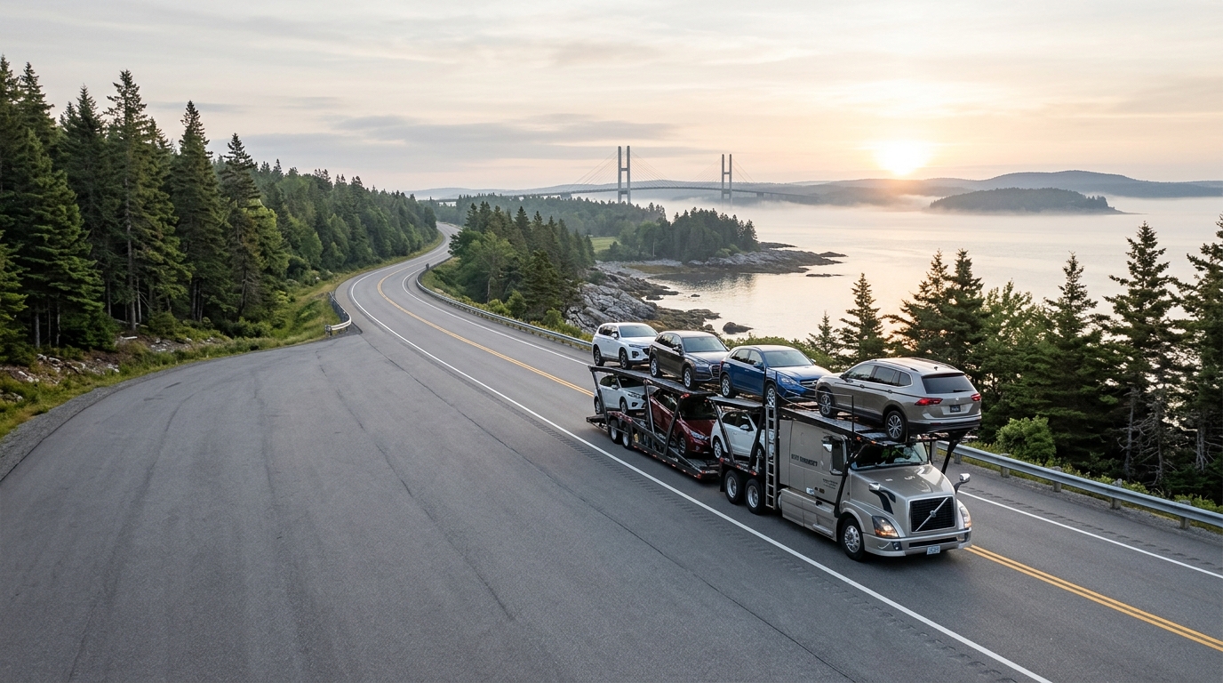 Maine car shipping carrier truck on highway near coastal Maine