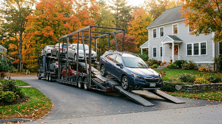 Maine snowbird car shipping vehicle loaded on carrier