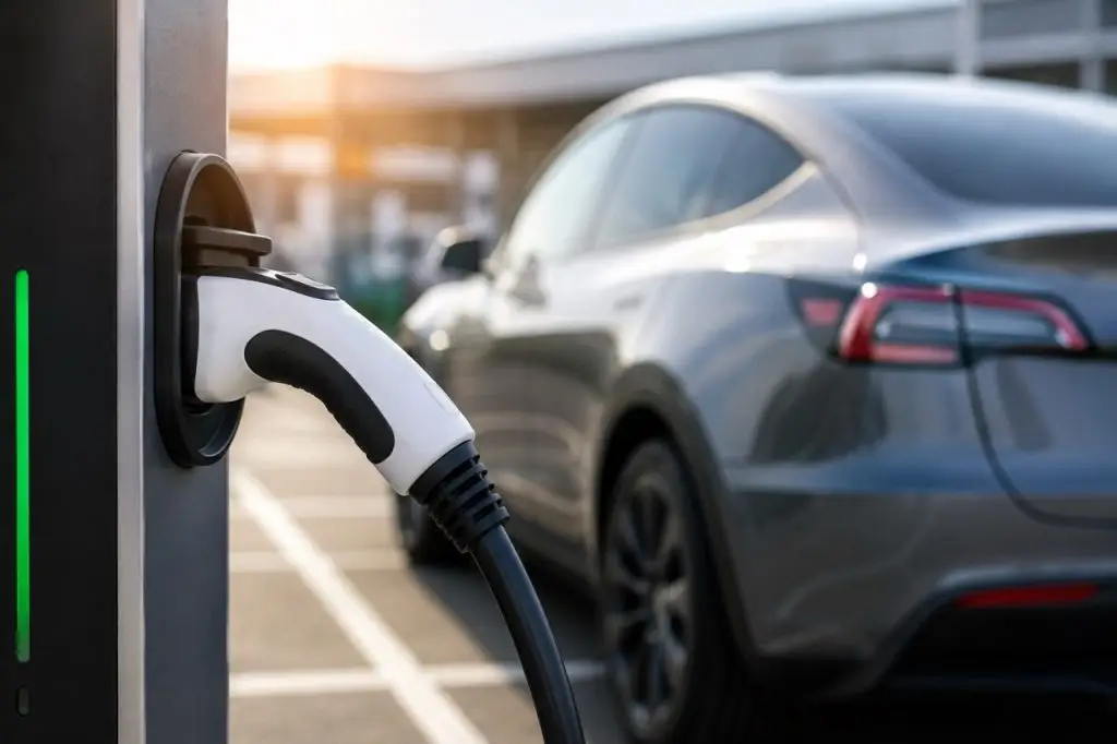 Close-up of an electric vehicle charging plug connected to a modern EV with the car softly blurred in the background at a charging station during sunset.
