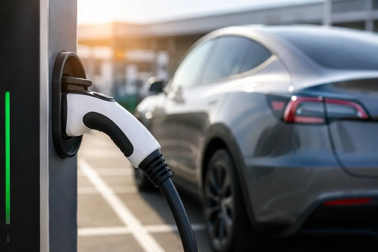 Close-up of an electric vehicle charging plug connected to a modern EV with the car softly blurred in the background at a charging station during sunset.
